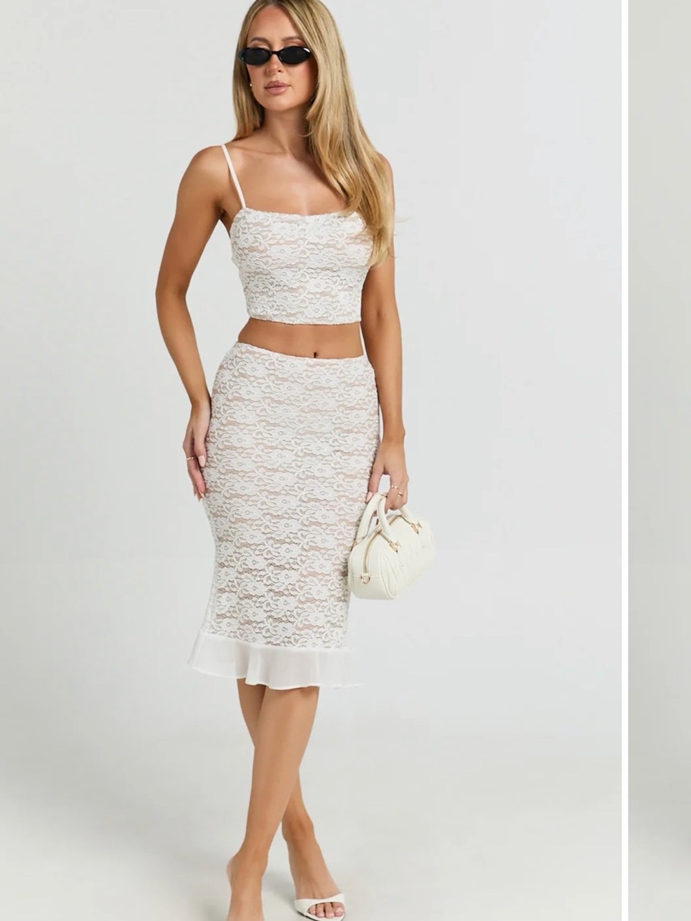 Showpo White Lace Midi Skirt with Frill Hem